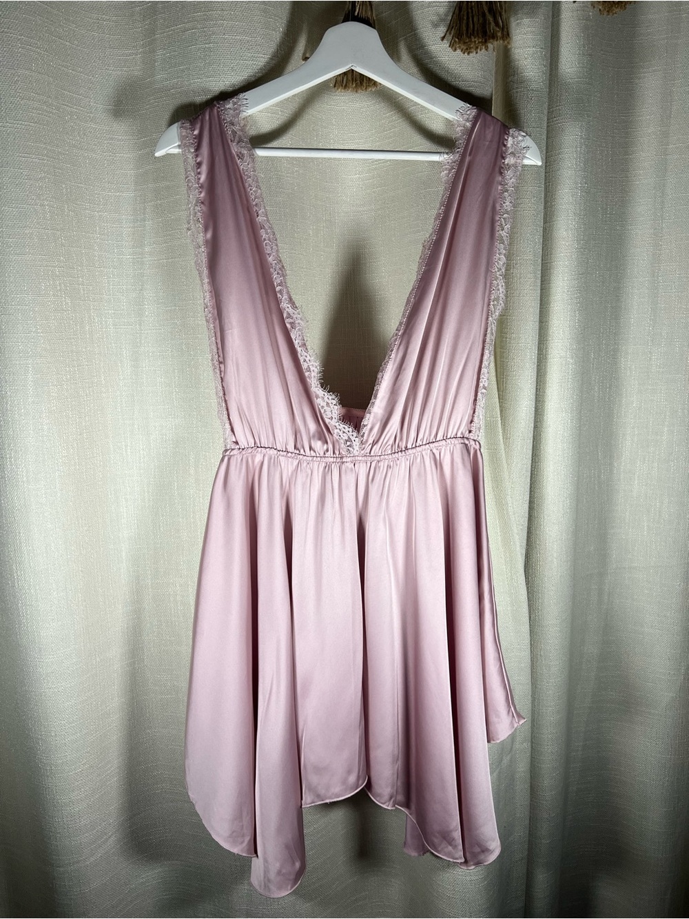 Boutique Pink Satin Deep V Lace Trim Lingerie Babydoll Dress